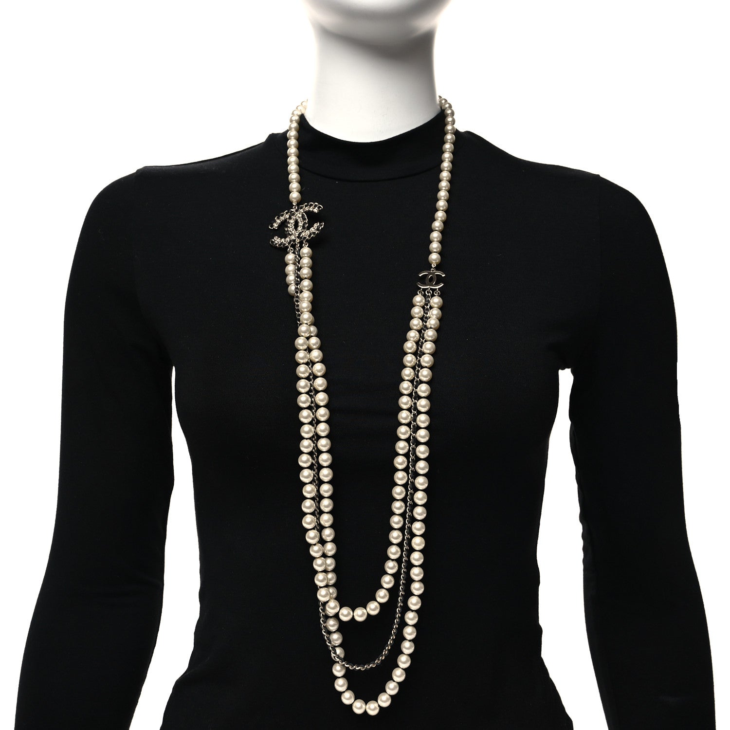 Chanel Lambskin Pearl Crystal CC Multi Strand Necklace Black Gold 2 of 5