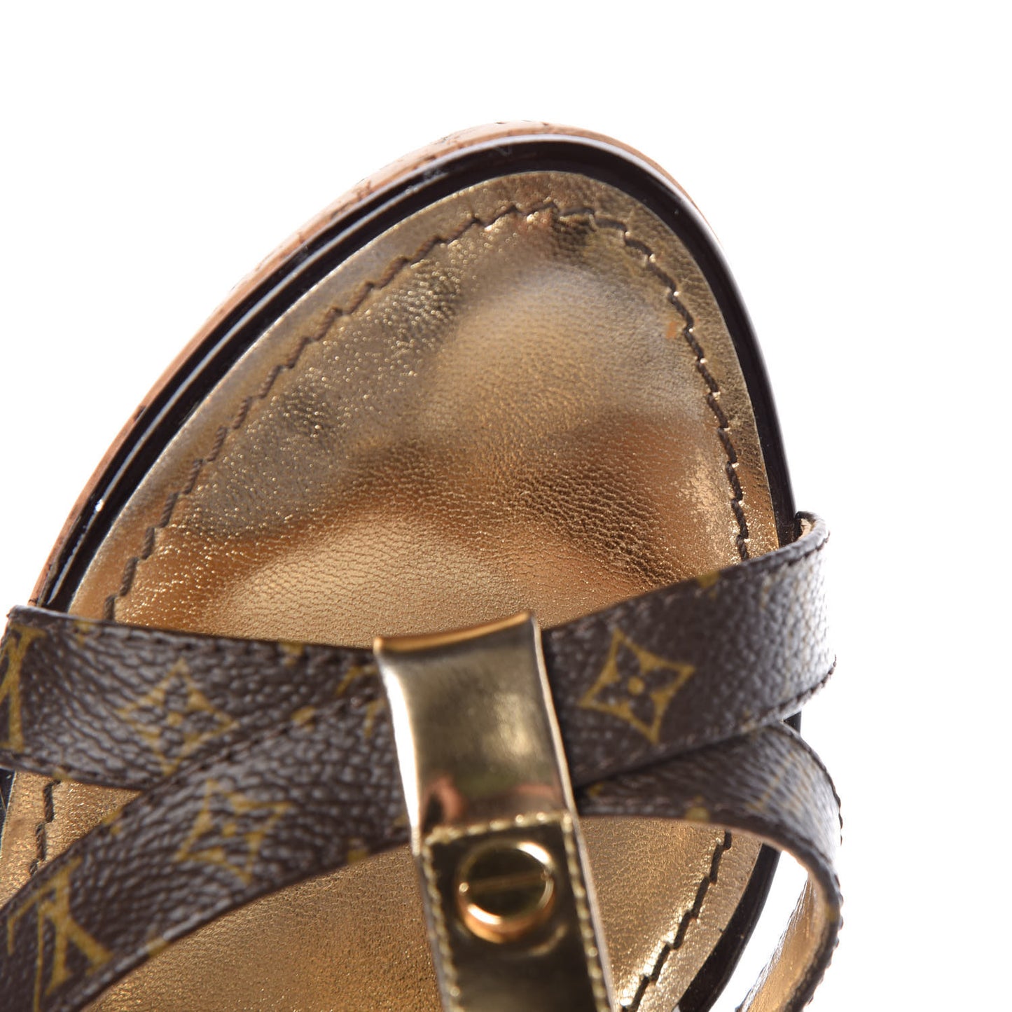 Monogram Metallic T-Strap Cork Wedge Sandals 37 Brown