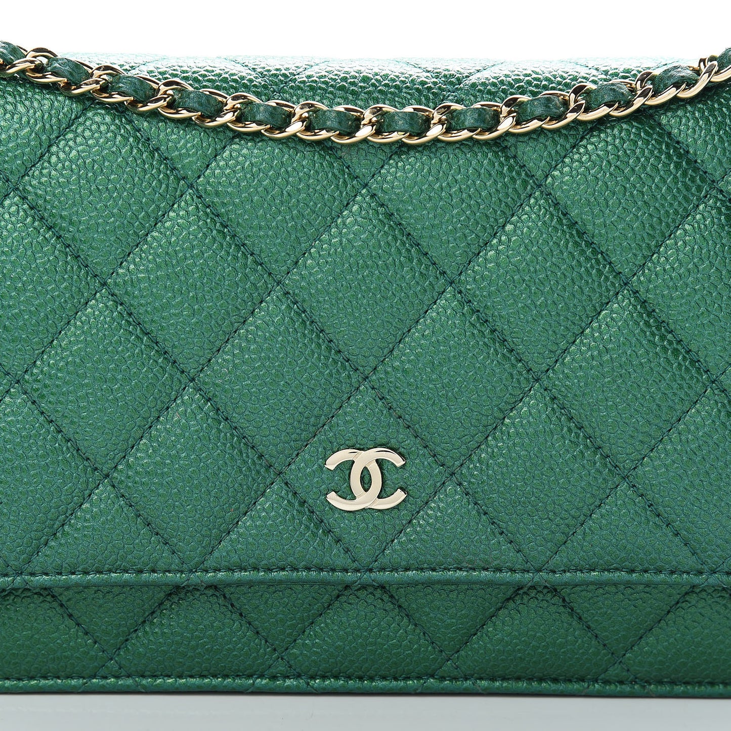 Metallic Caviar Quilted Wallet On Chain WOC Green