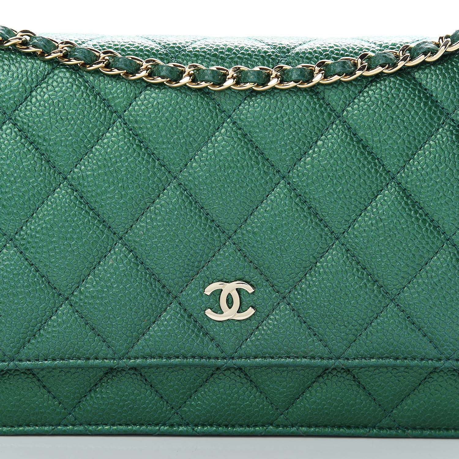 Chanel Metallic Caviar Quilted Wallet On Chain WOC Green 9 of 12