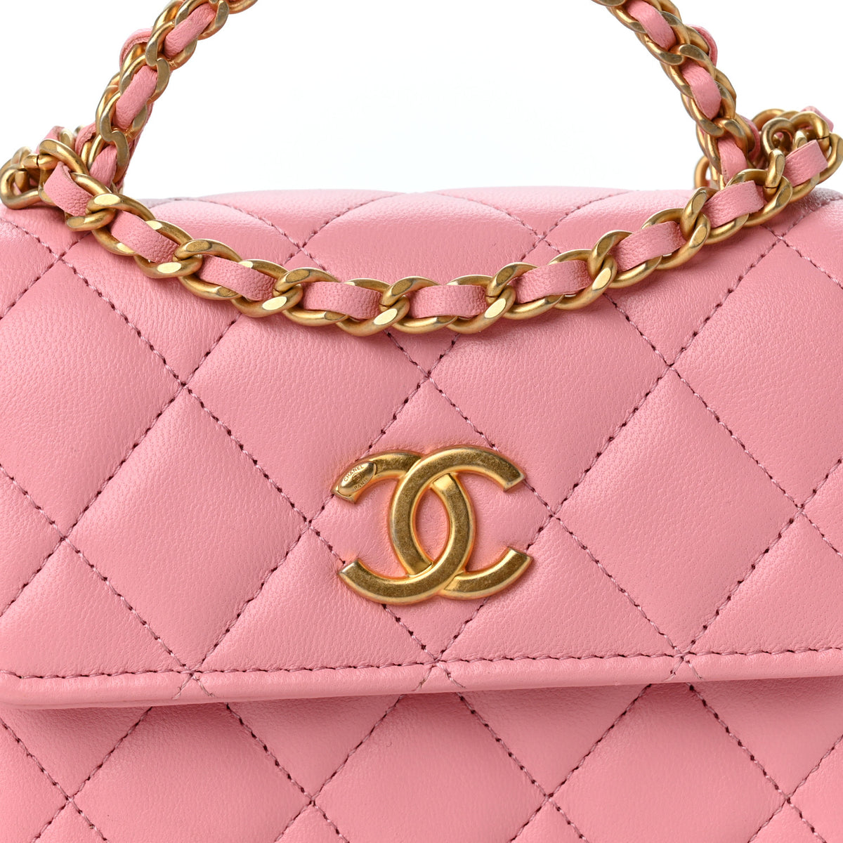 Lambskin Quilted Chain Top Handle Clutch With Chain Light Pink