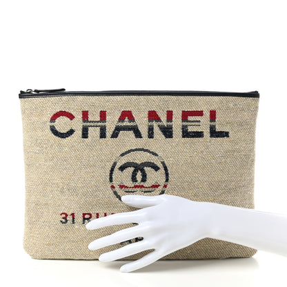 Chanel Striped Canvas Deauville Pouch Clutch Beige 2 of 7