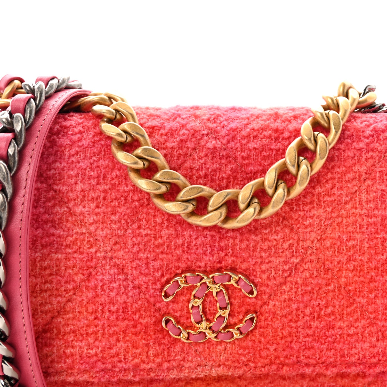 Chanel Wool Tweed Lambskin Quilted Chanel 19 Wallet On Chain WOC Coral Pink 9 of 11