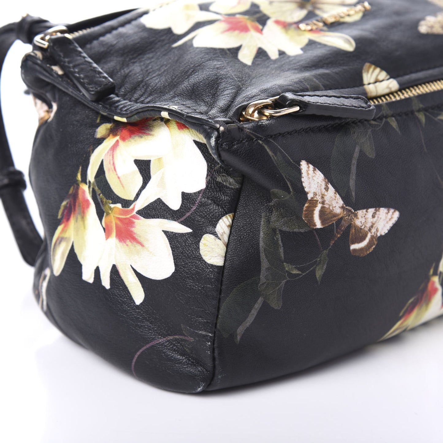Lambskin Magnolia and Moth Print Mini Pandora Black