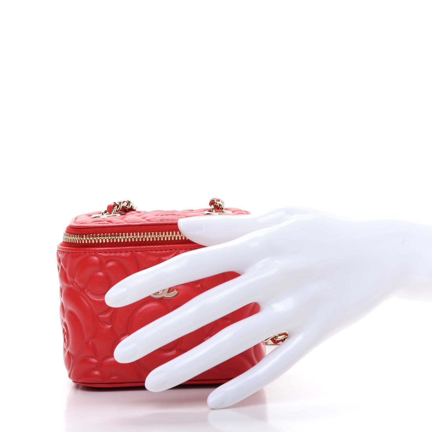 Lambskin Camellia Embossed Mini Vanity Case With Chain Red