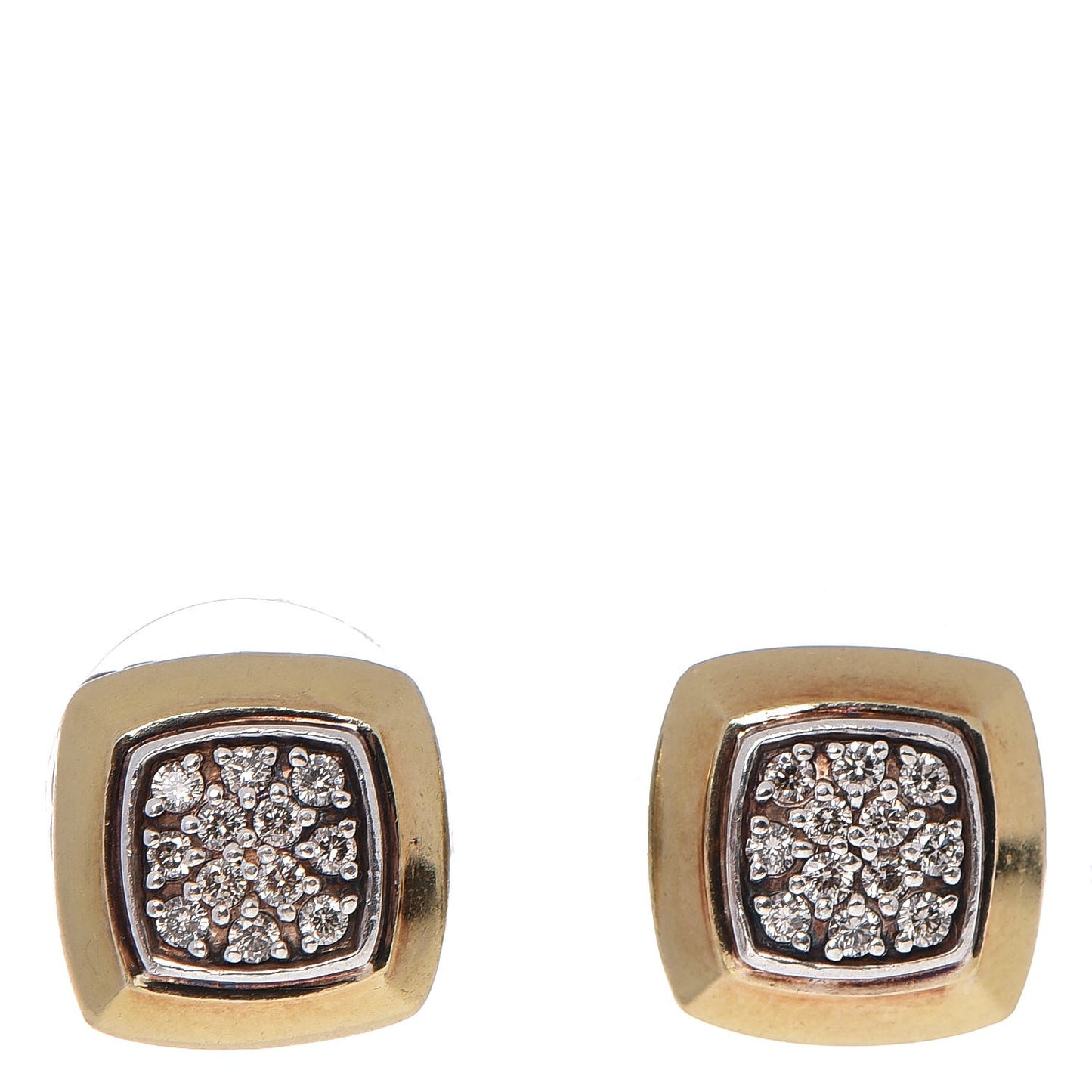Sterling Silver 18K Yellow Gold Pave Diamond Cushion Stud Earrings.