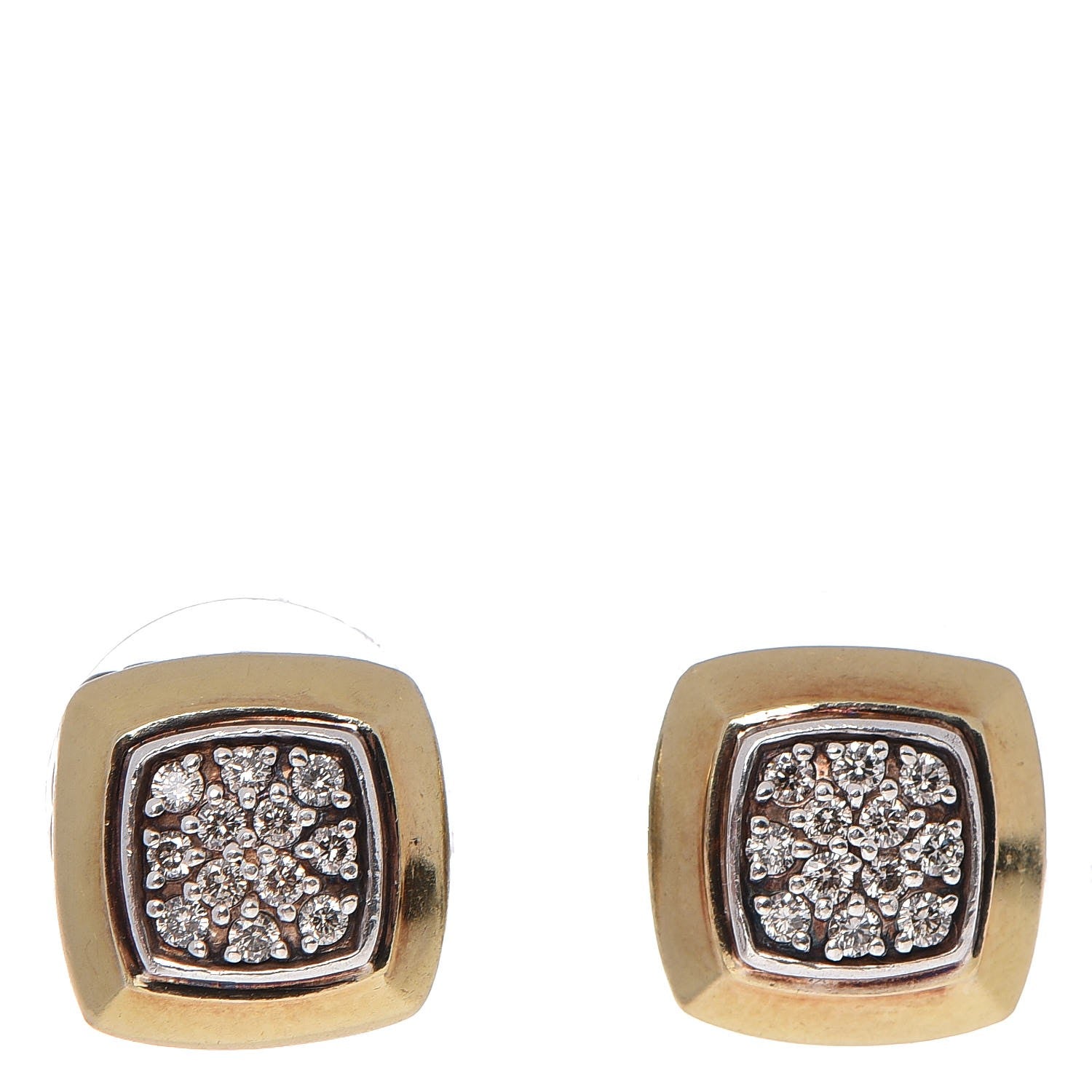 David Yurman Sterling Silver 18K Yellow Gold Pave Diamond Cushion Stud Earrings. 1 of 4