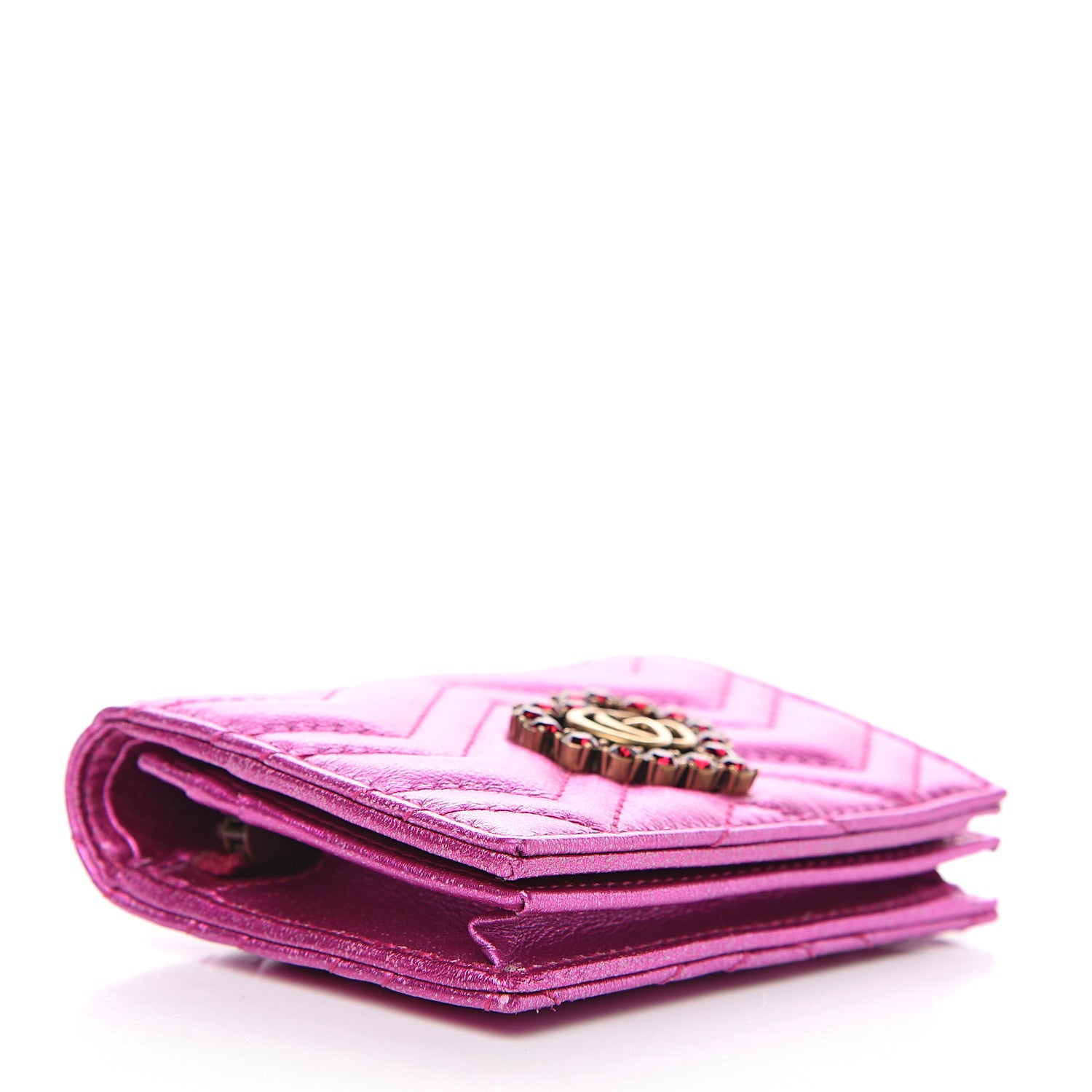 Gucci Metallic Calfskin Matelasse Crystal GG Marmont Wallet Fuchsia 3 of 8