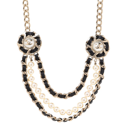Chanel Pearl Lambskin Chain CC Multi Strand Necklace Gold Black 1 of 5