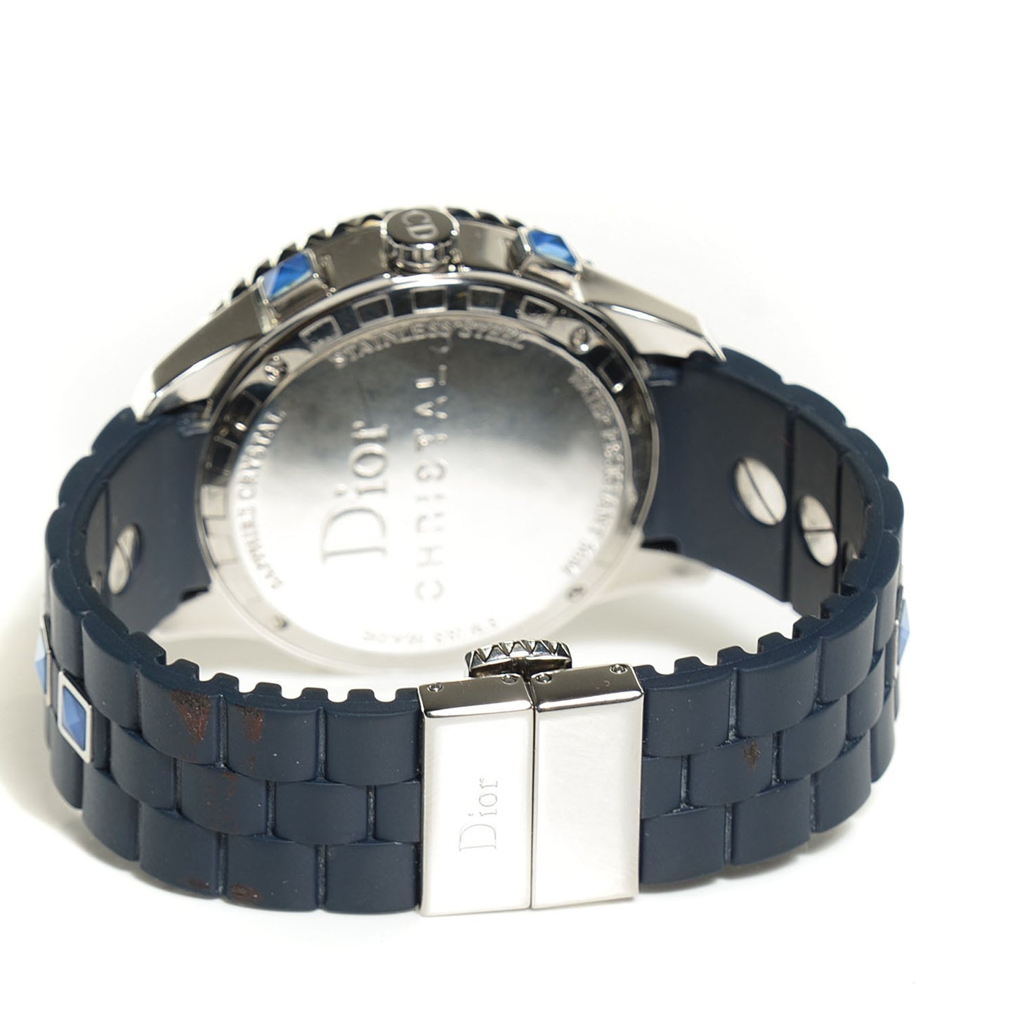 Stainless Steel Rubber Diamond Blue Sapphire 38mm Christal Chronograph Quartz Watch Blue
