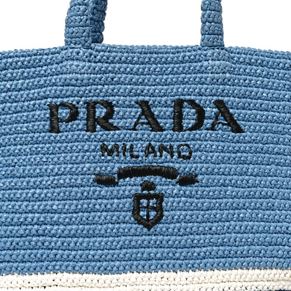 Prada Yarn Raffia Effect Crochet Striped Large Logo Tote Celeste Blue 7 of 9