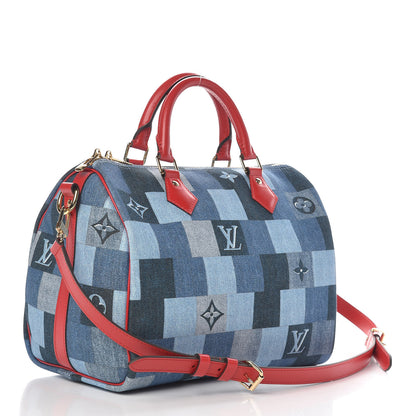 Louis Vuitton Denim Damier Monogram Patchwork Speedy Bandouliere 30 Blue Rouge 3 of 10