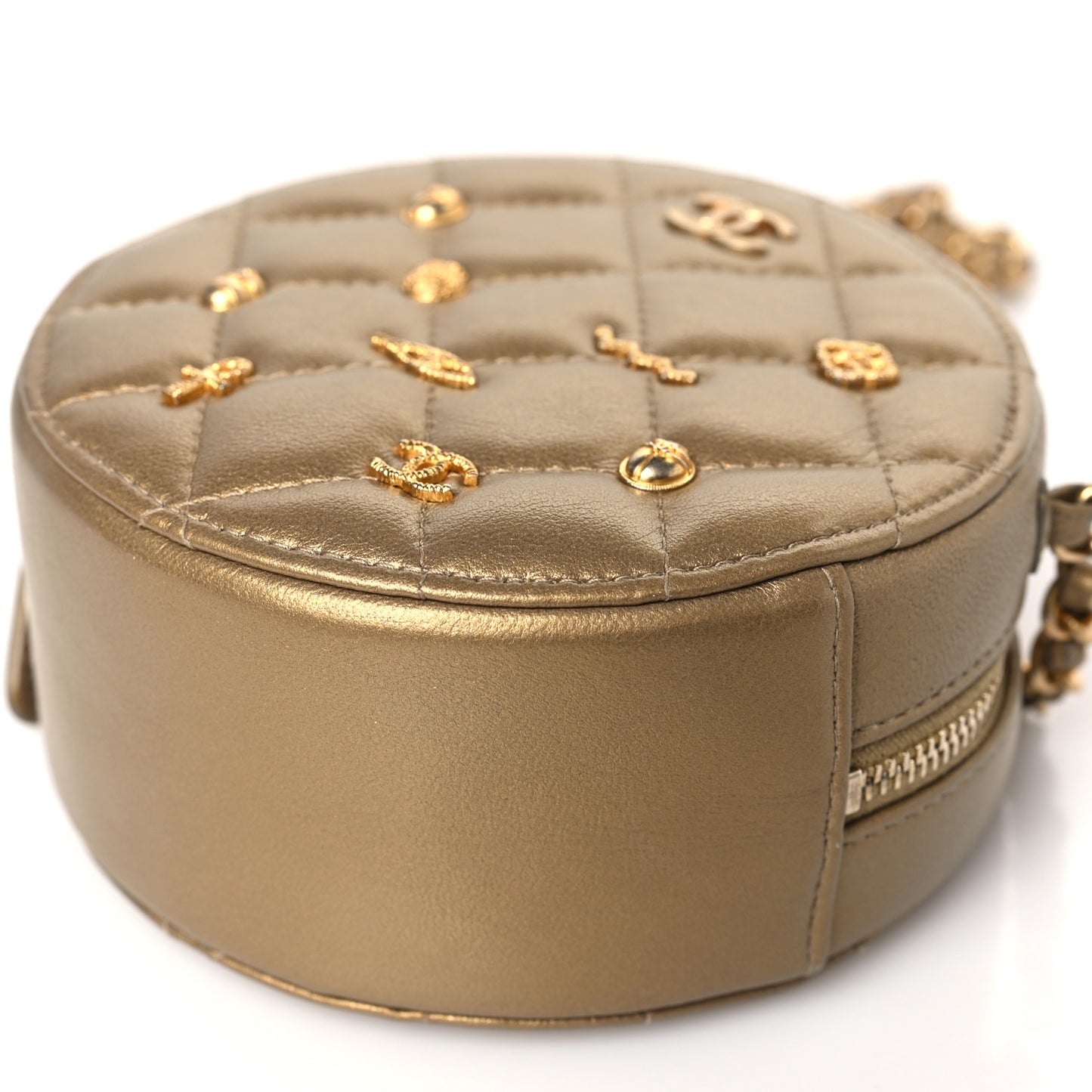 Metallic Lambskin Quilted Egyptian Amulet Round Clutch With Chain Gold