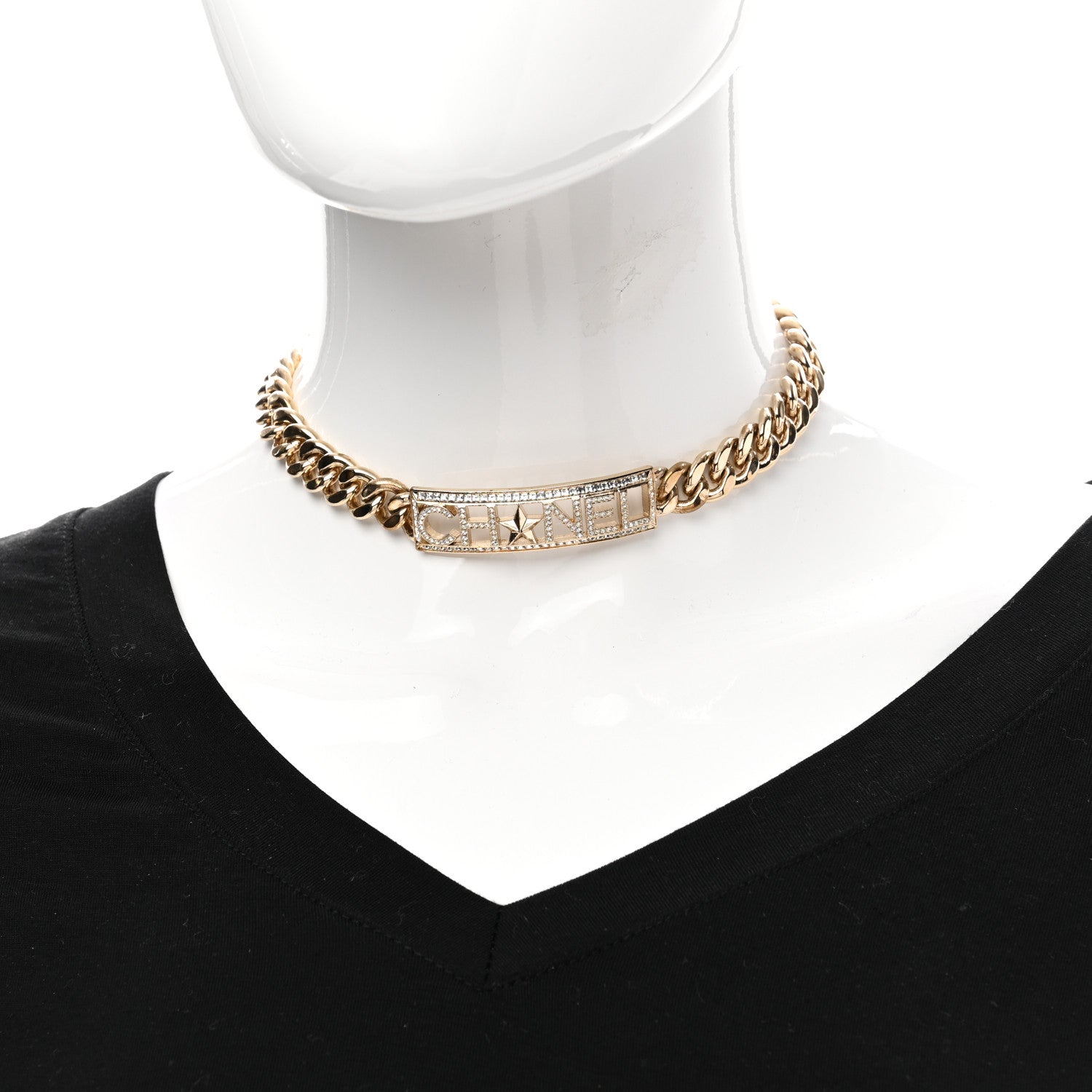 Chanel Crystal Chain Short Logo Necklace Gold 2 of 5