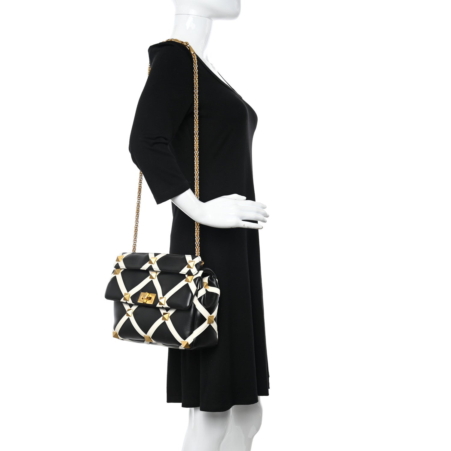 Valentino Garavani Nappa Large Roman Stud Shoulder Bag Black White 2 of 9