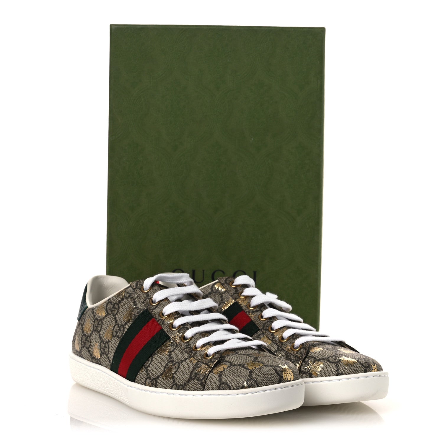 Gucci GG Supreme Monogram Bees Ayers Web Womens Ace Sneakers 37.5 Beige Oro Green Red 11 of 11