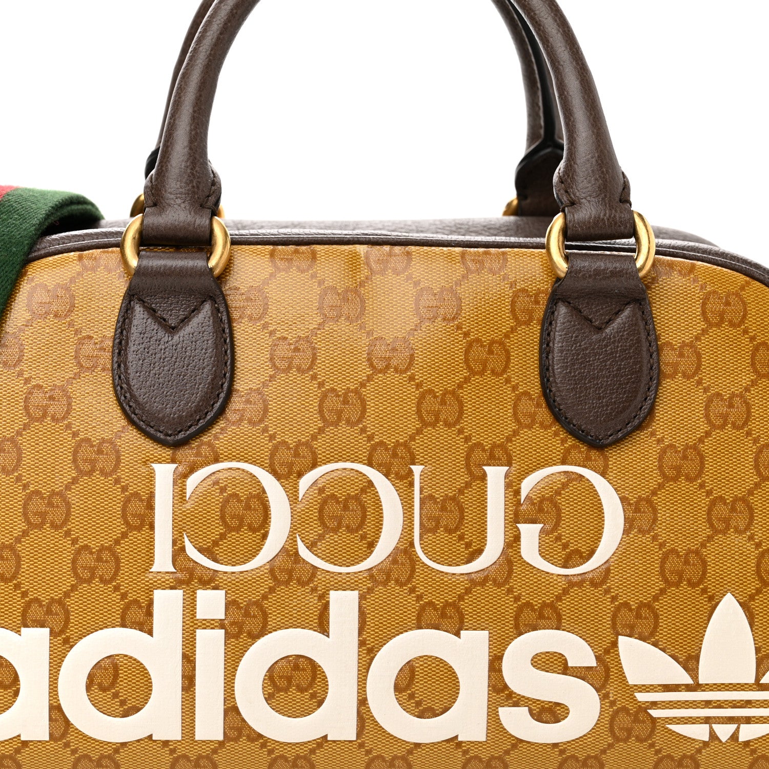 Gucci X ADIDAS Crystal Vintage Monogram Textured Dollar Calfskin Web Trefoil Logo Mini Bowling Bag Mid Natural Nut Off White New Acero 8 of 14