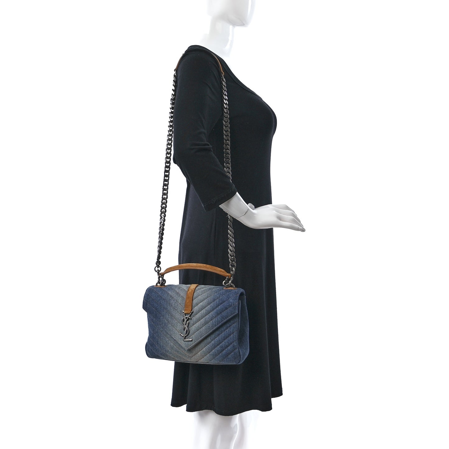 Washed Denim Matelasse Chevron Monogram Medium College Bag Blue Cinnamon