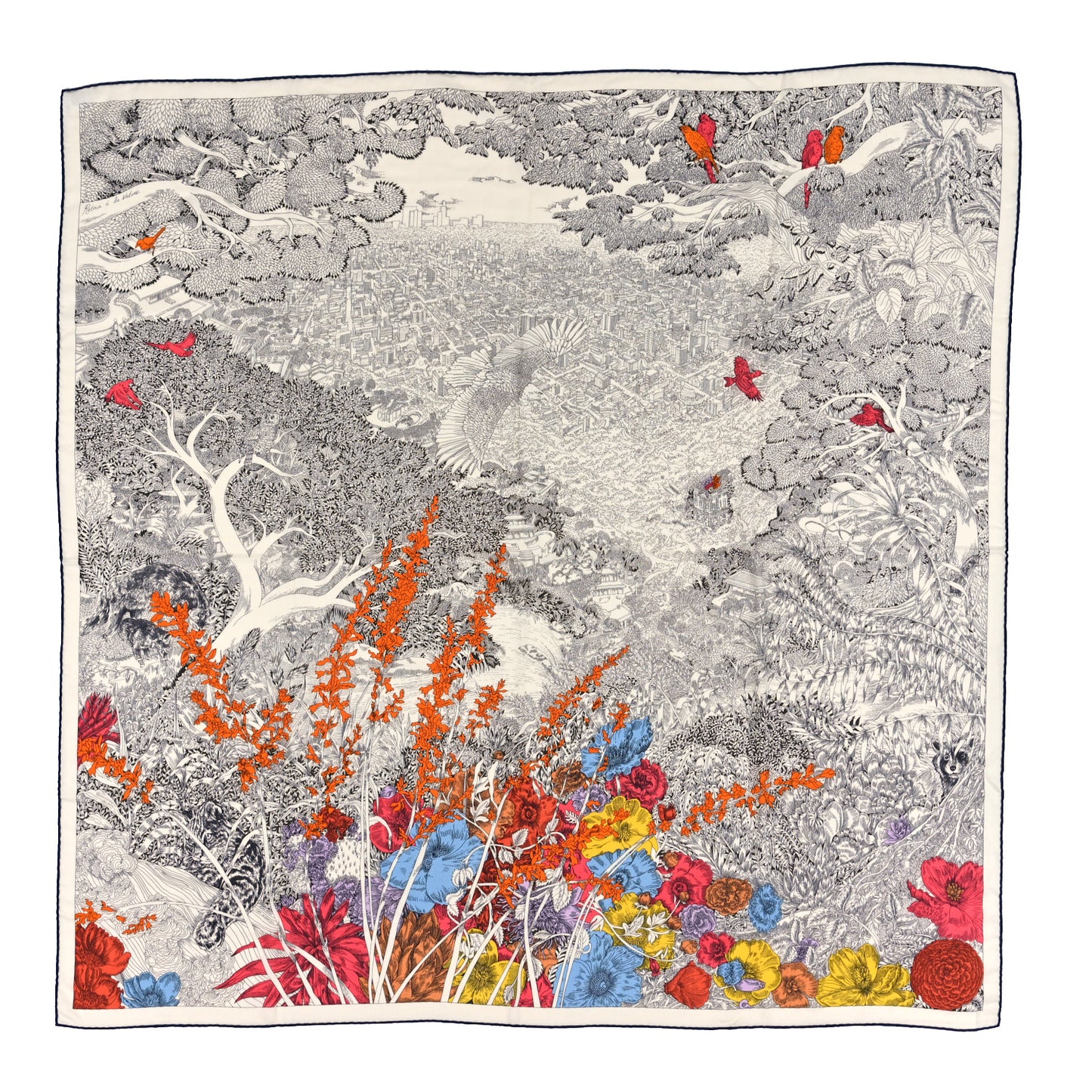 Cashmere Silk Retour a la Nature Shawl 140 White Black Multicolor