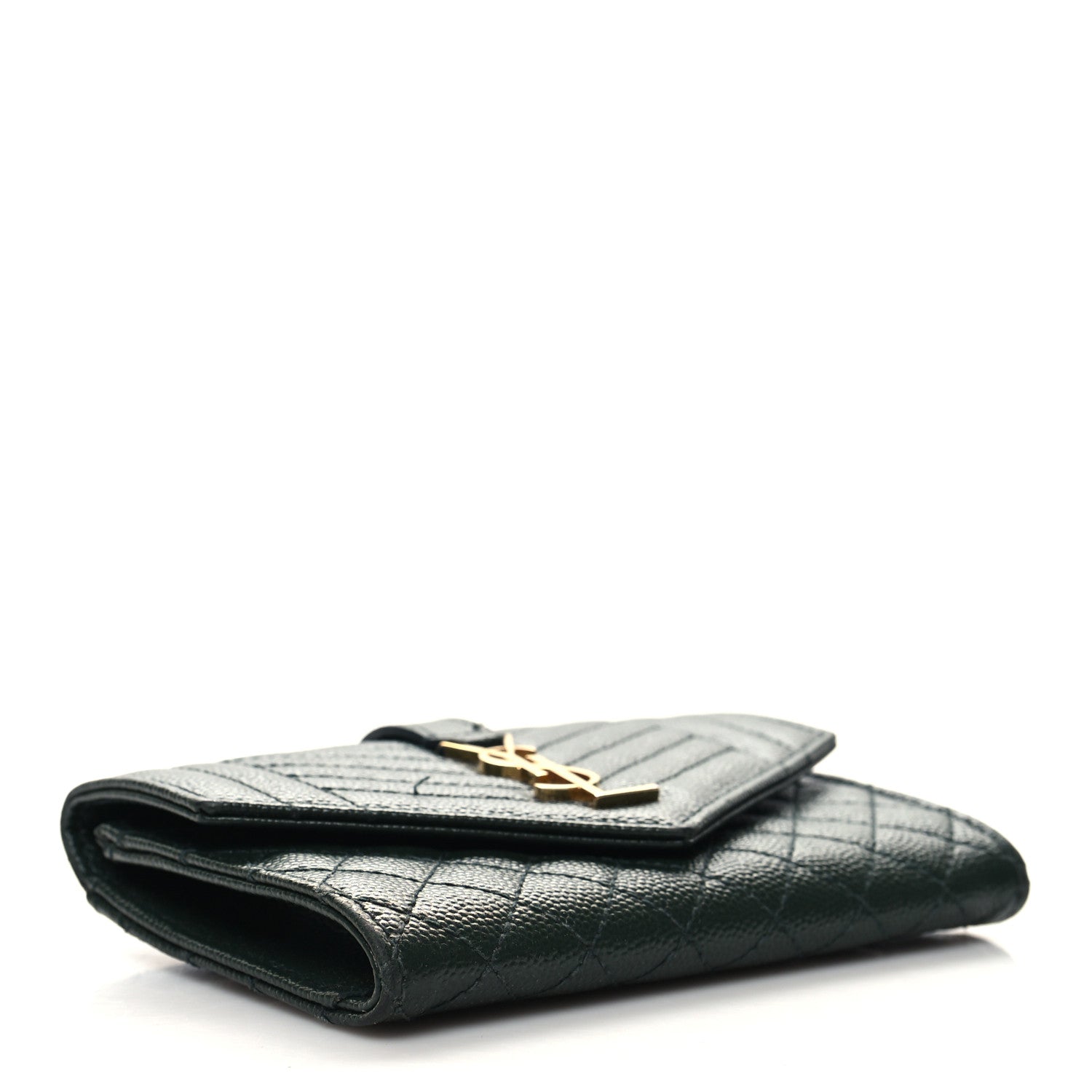 Saint Laurent Grain De Poudre Mixed Matelasse Triquilt Monogram Compact Tri Fold Wallet Dark Green 4 of 9