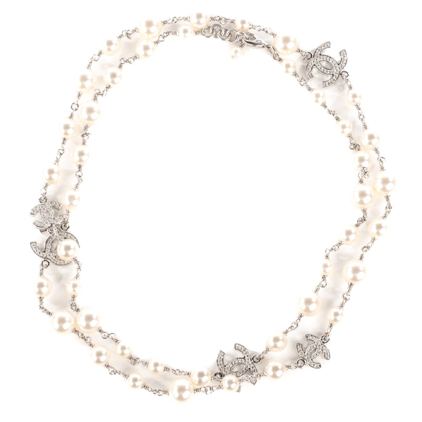 Crystal Pearl CC Long Necklace Silver