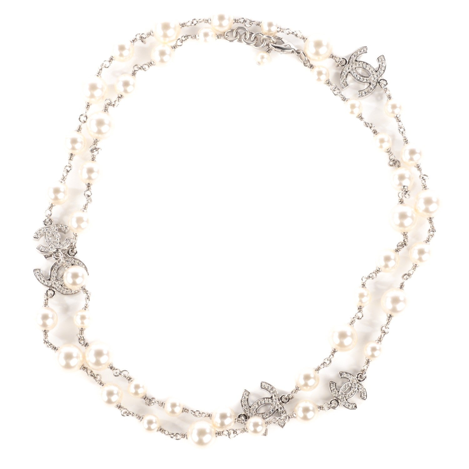 Chanel Crystal Pearl CC Long Necklace Silver 1 of 5