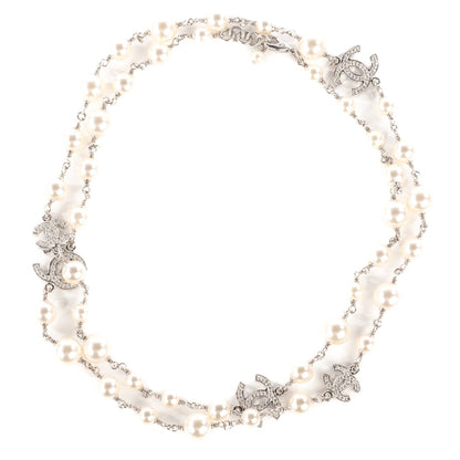 Chanel Crystal Pearl CC Long Necklace Silver 1 of 5