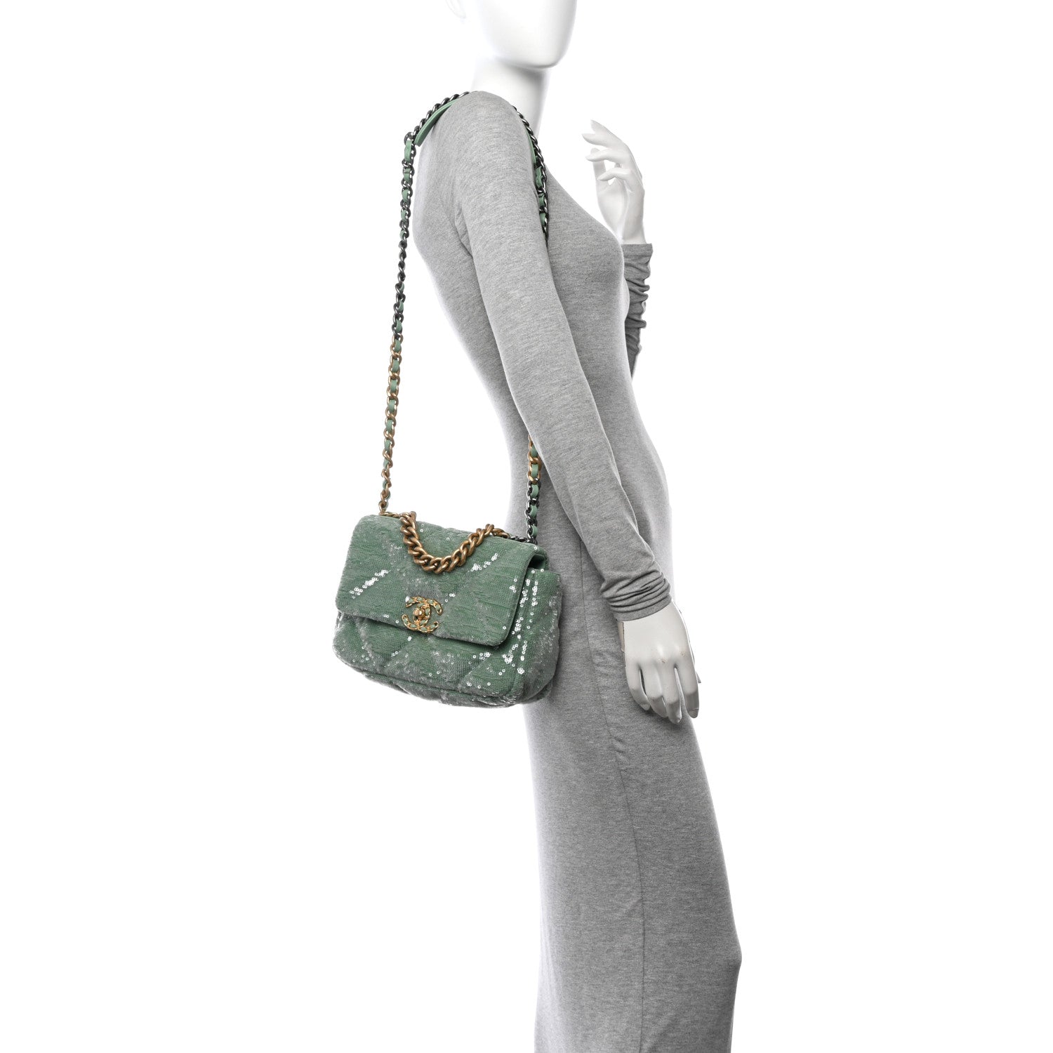 Chanel Sequin Quilted Medium Chanel 19 Flap Light Green 2 of 11