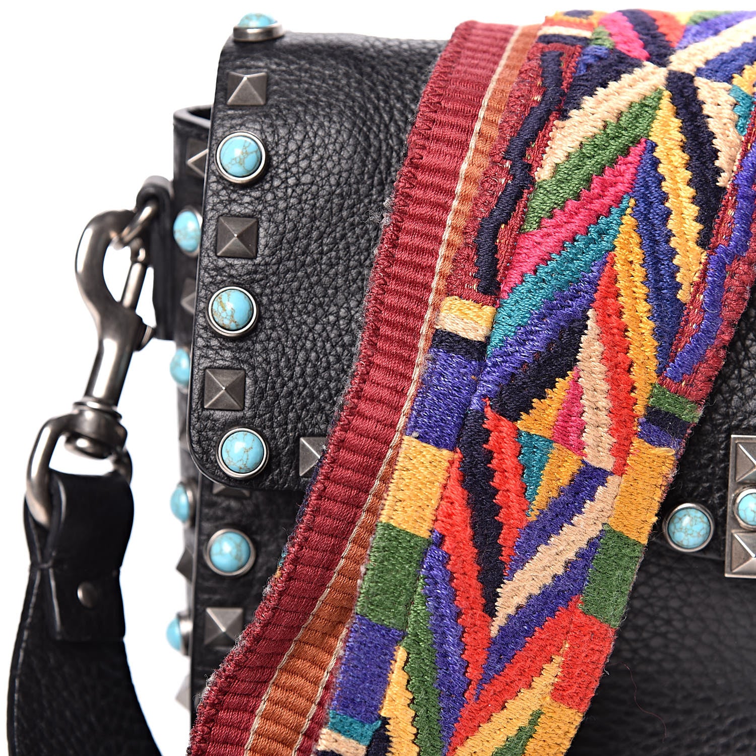 Valentino Garavani Pebbled Calfskin Turquoise Medium Guitar Strap Rockstud Rolling Flap Saddle Bag Black 16 of 17