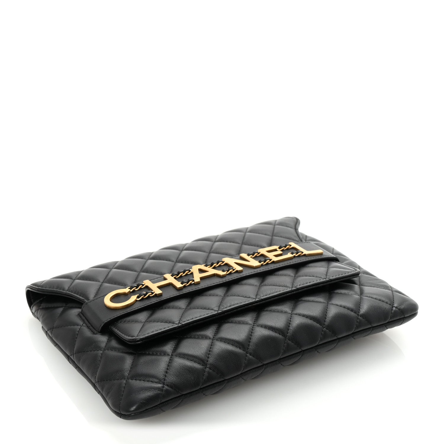 Chanel Calfskin Quilted Front Logo Enchained Clutch Black 4 of 8