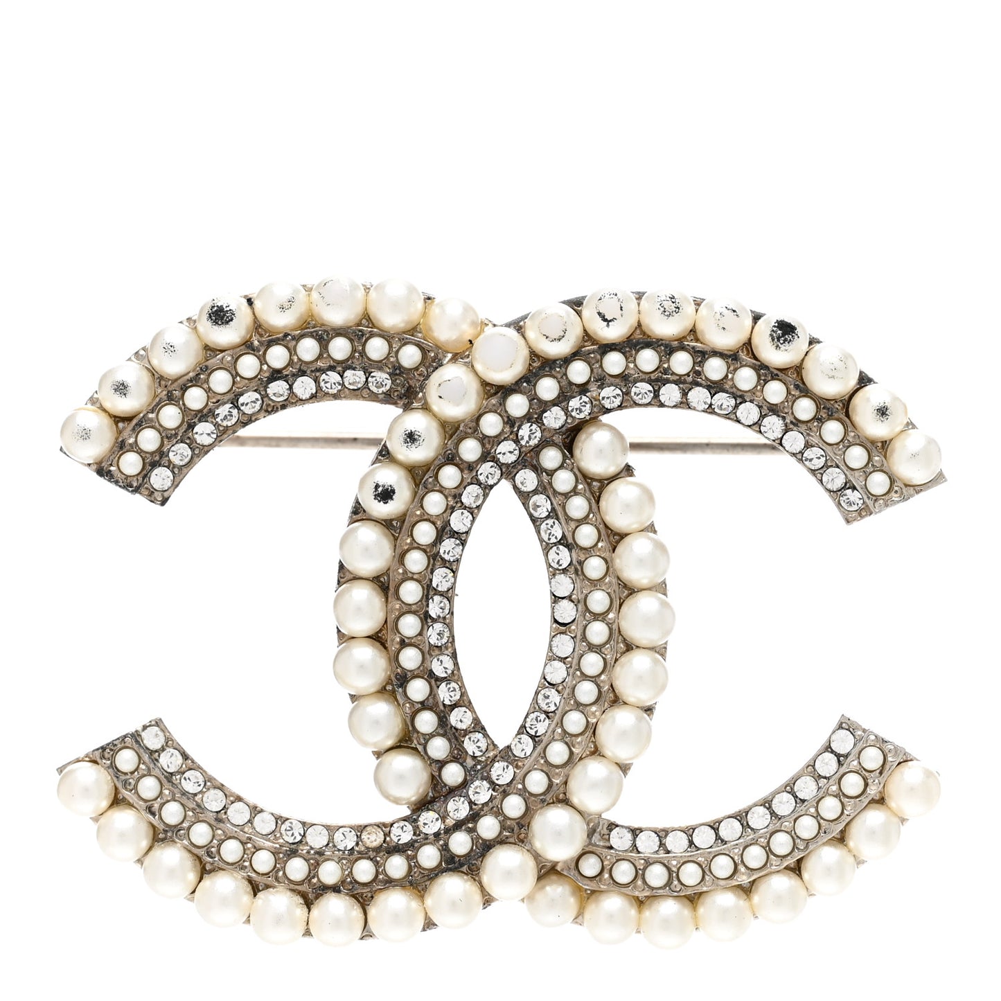 Pearl Crystal CC Brooch Gold