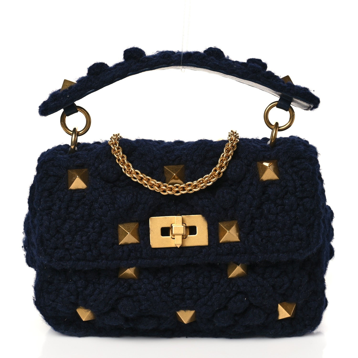 Valentino Garavani Cashmere Medium Roman Stud Shoulder Bag Marine 1 of 9