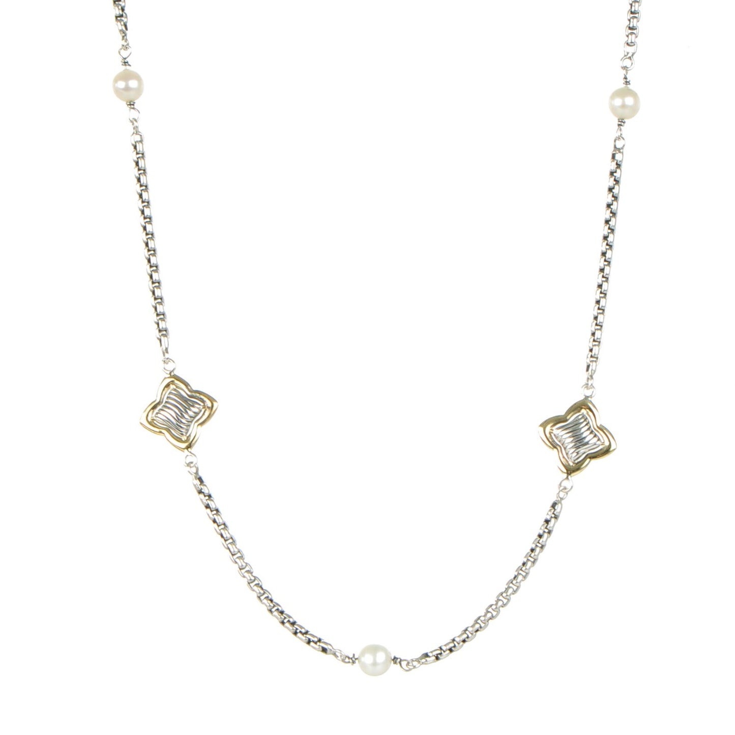 Sterling Silver 18K Yellow Gold Pearl 14mm Quatrefoil Station Necklace