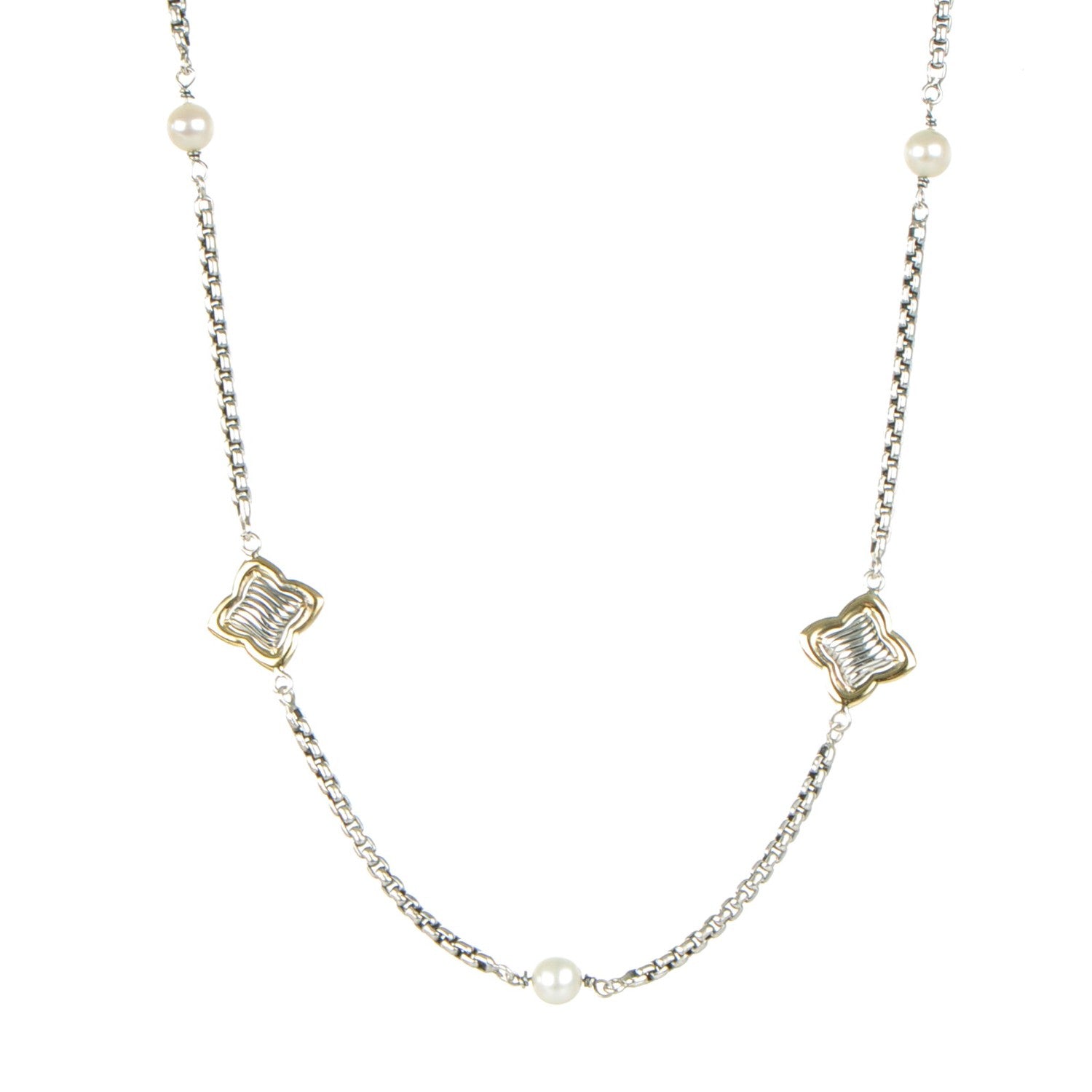 David Yurman Sterling Silver 18K Yellow Gold Pearl 14mm Quatrefoil Station Necklace 1 of 4