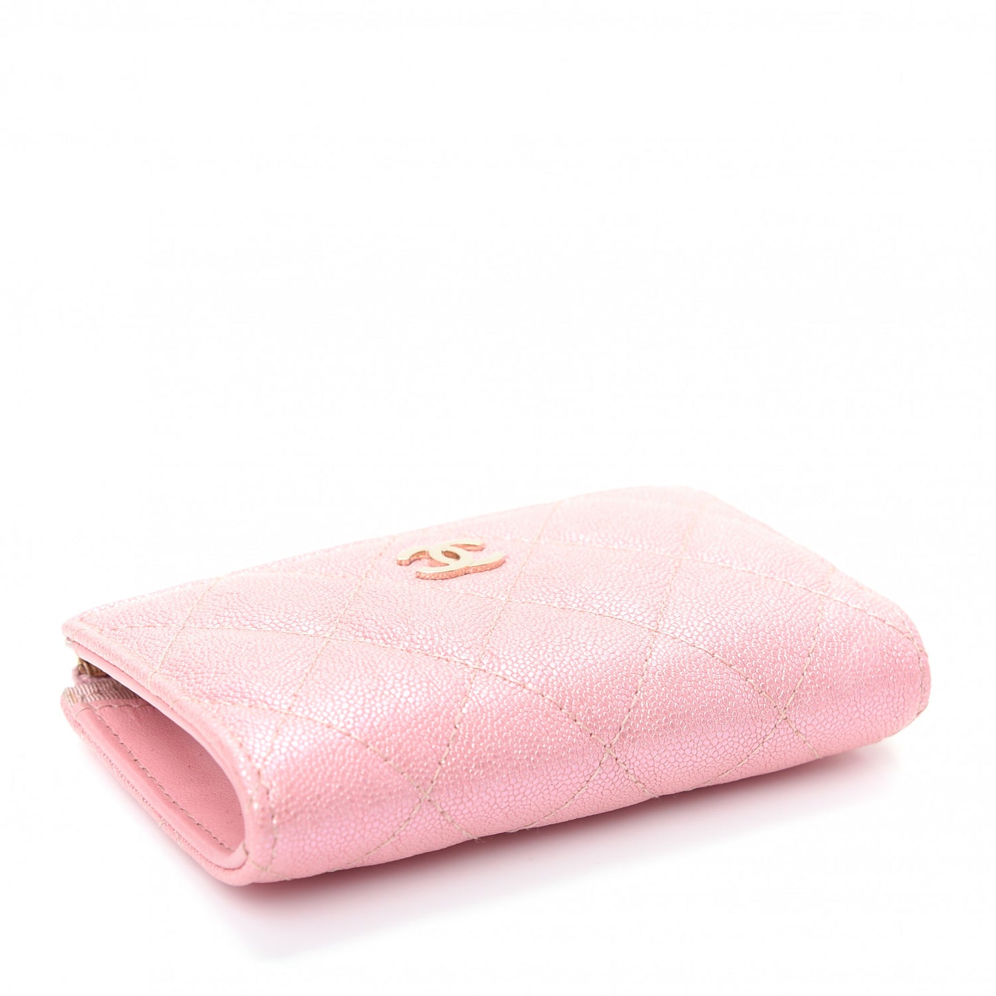 Iridescent Caviar Quilted Zipped Key Holder Case Rose Pink