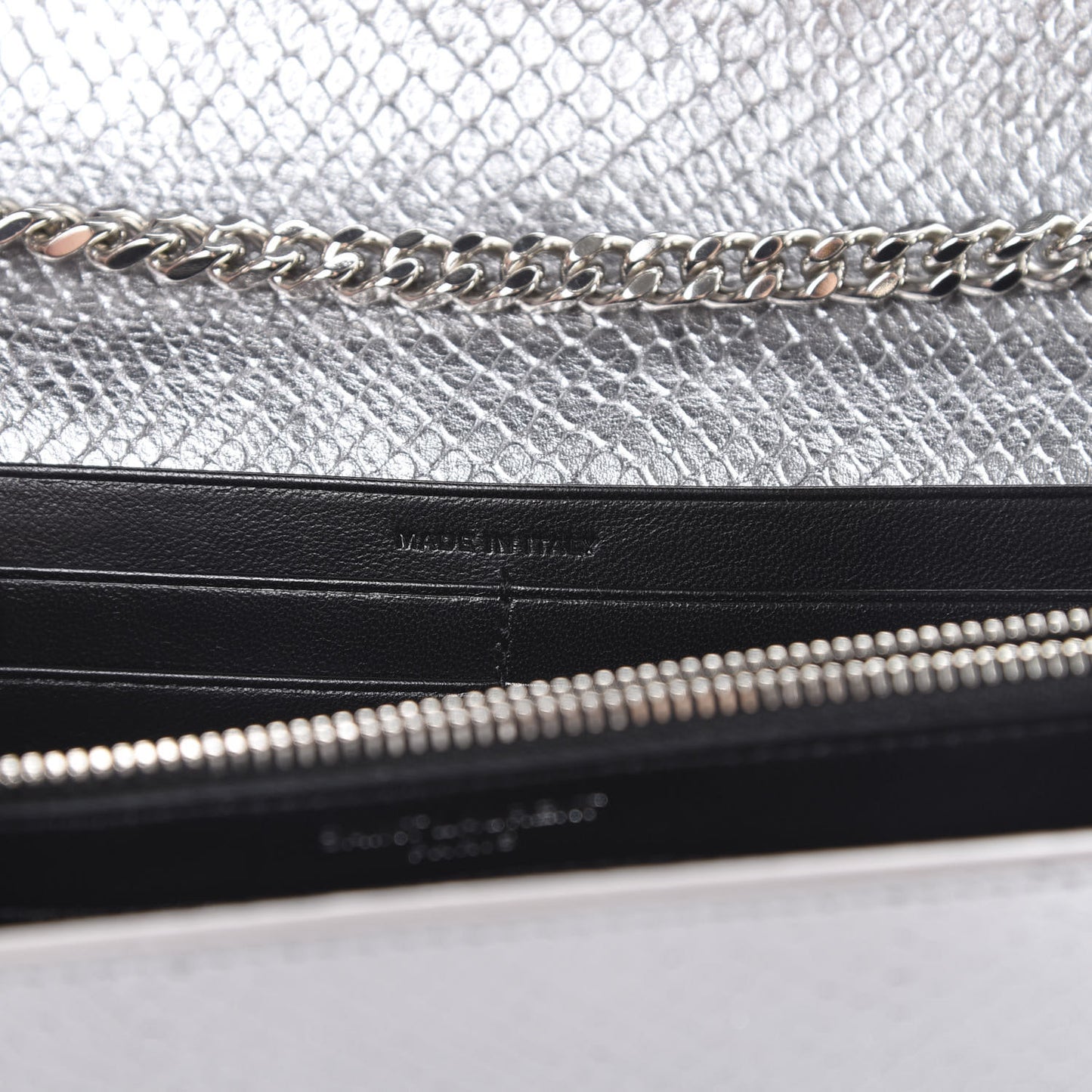 Metallic Calfskin Python Embossed Monogram Chain Wallet Silver
