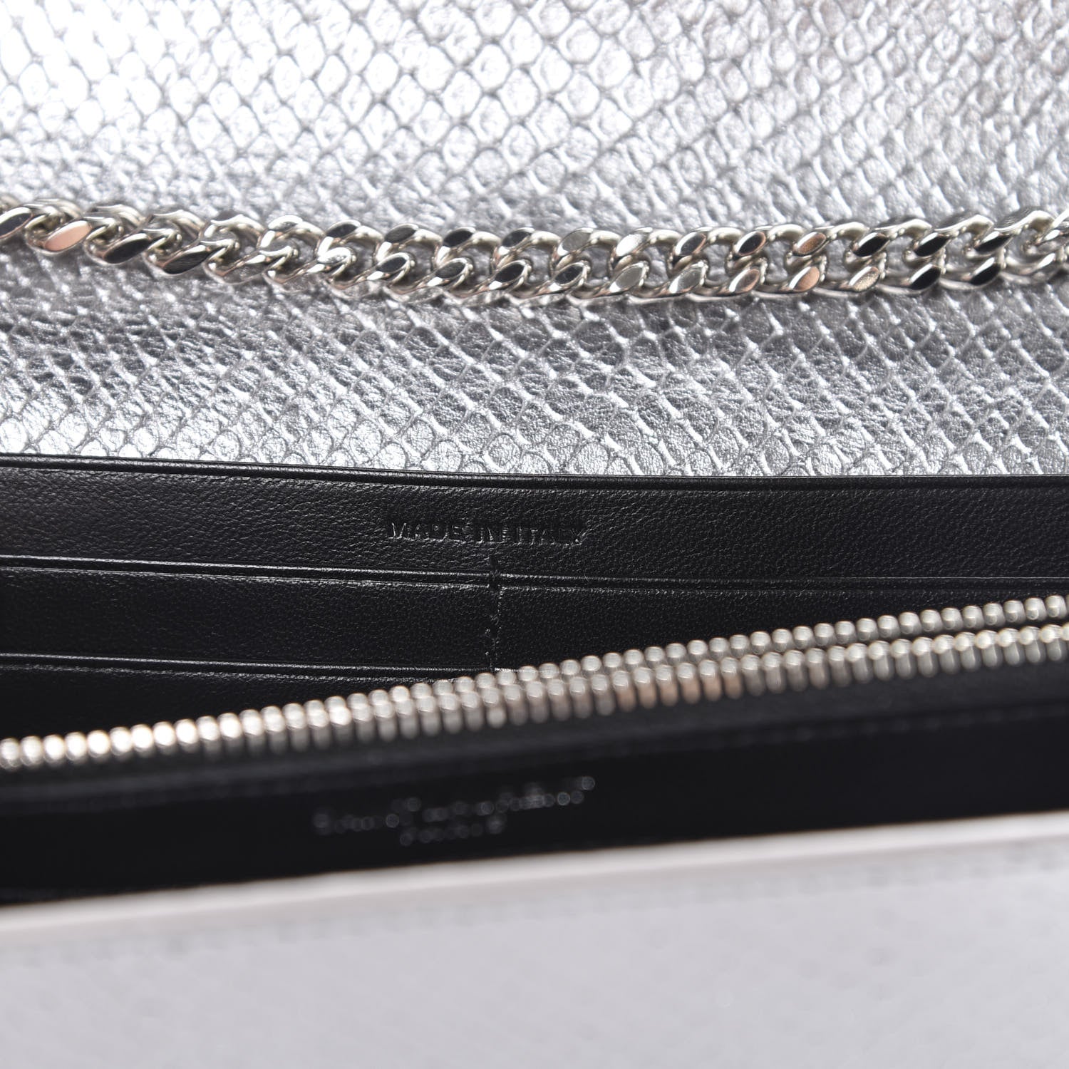 Saint Laurent Metallic Calfskin Python Embossed Monogram Chain Wallet Silver 6 of 13