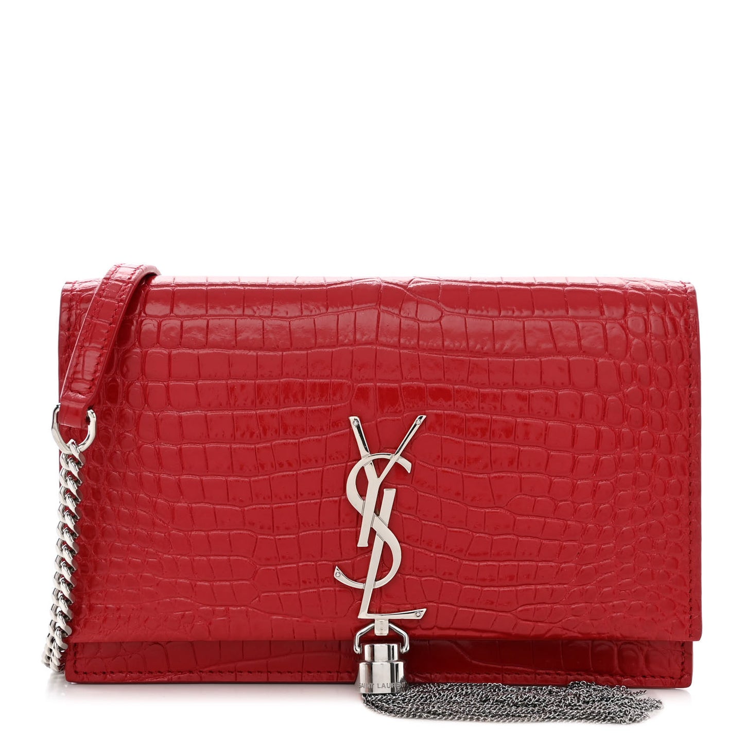 Calfskin Crocodile Embossed Kate Monogram Tassel Chain Wallet Red
