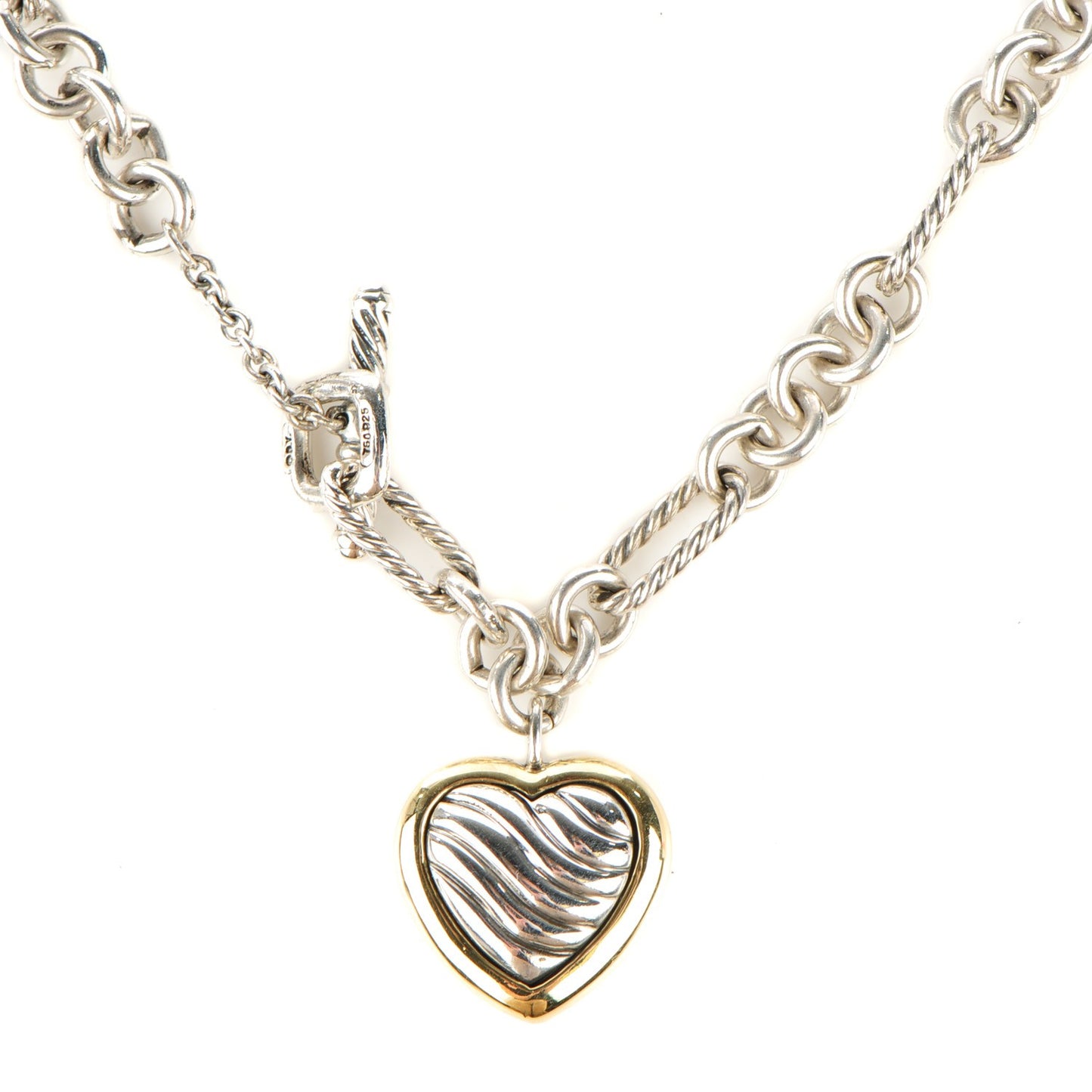 Sterling Silver 18K Yellow Gold Cable Heart Figaro Necklace