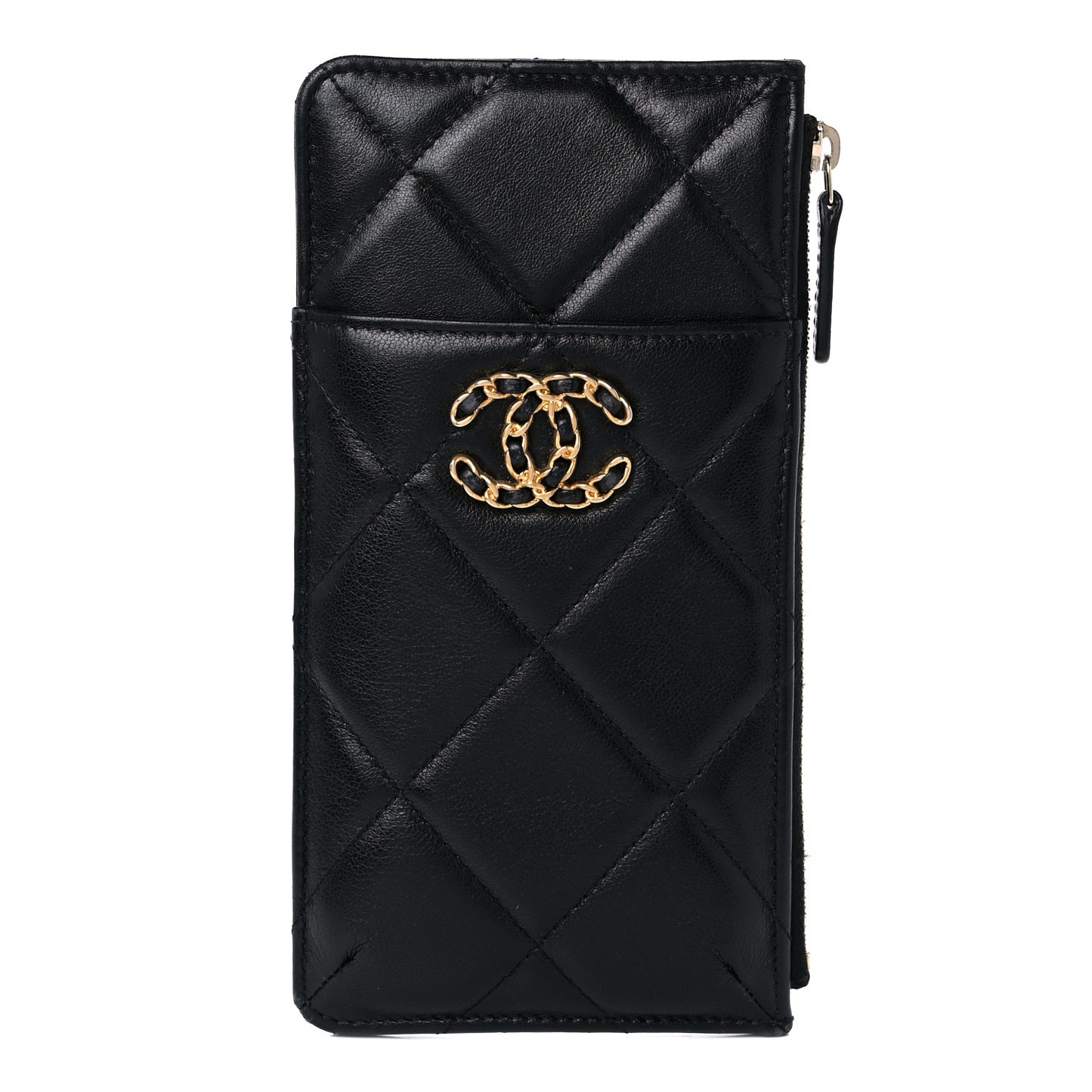 Goatskin Quilted Chanel 19 Phone and Card Holder Black