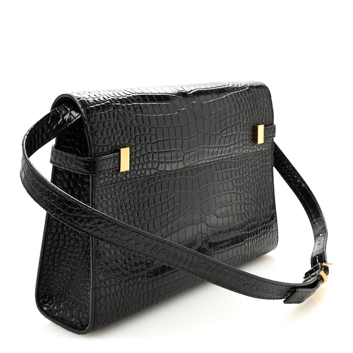 Shiny Calfskin Crocodile Embossed Manhattan Baguette Black