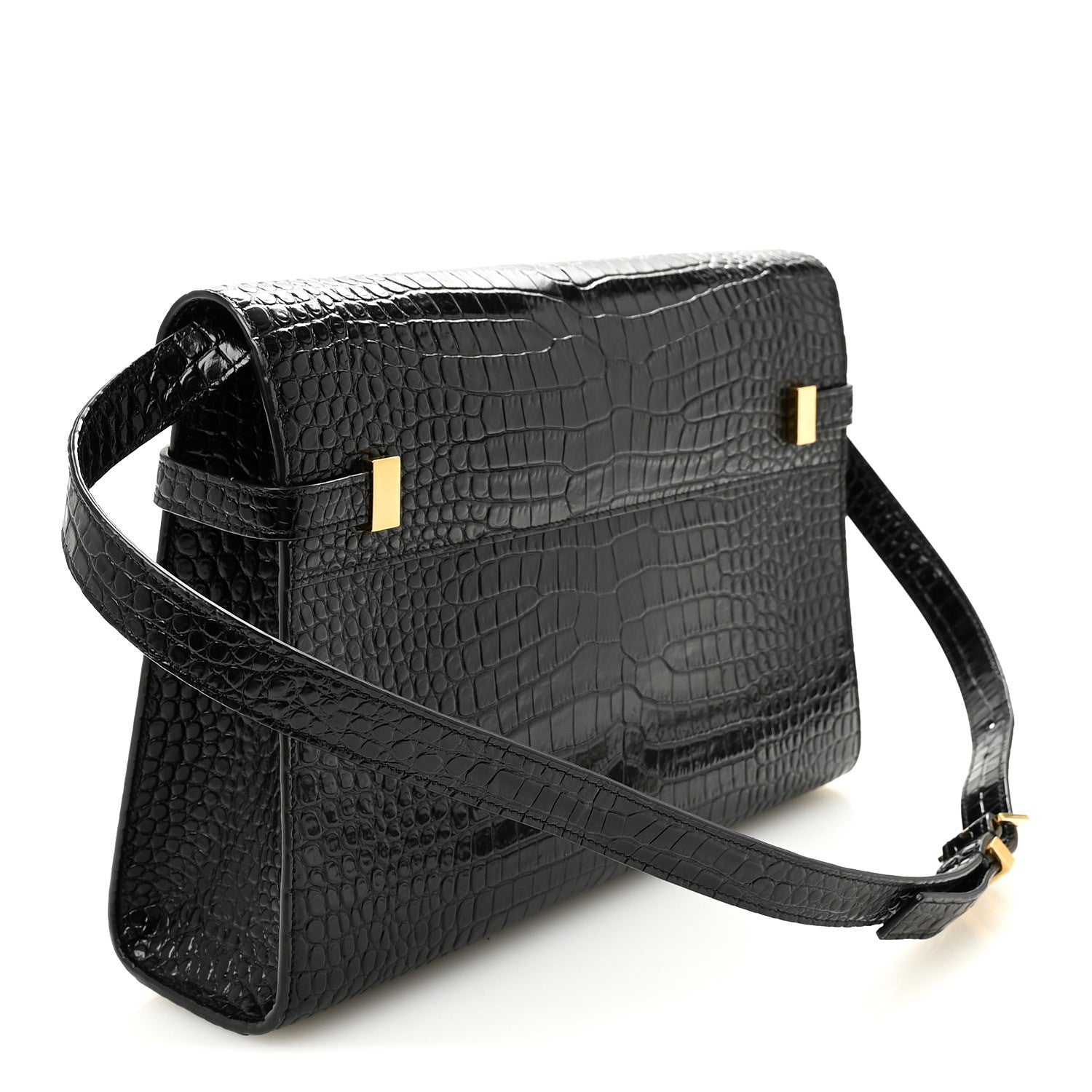 Saint Laurent Shiny Calfskin Crocodile Embossed Manhattan Baguette Black 3 of 9