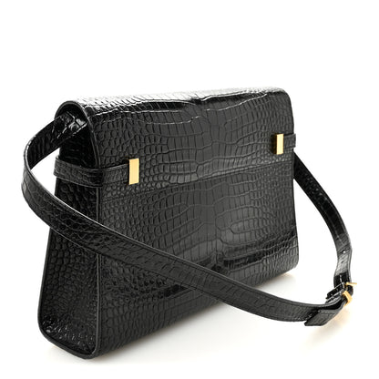Saint Laurent Shiny Calfskin Crocodile Embossed Manhattan Baguette Black 3 of 9