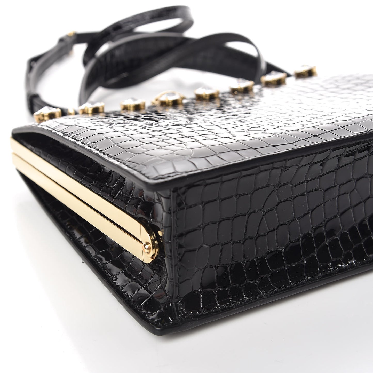 Calfskin Crocodile Embossed Crystal Embellished Solitaire Bag Black