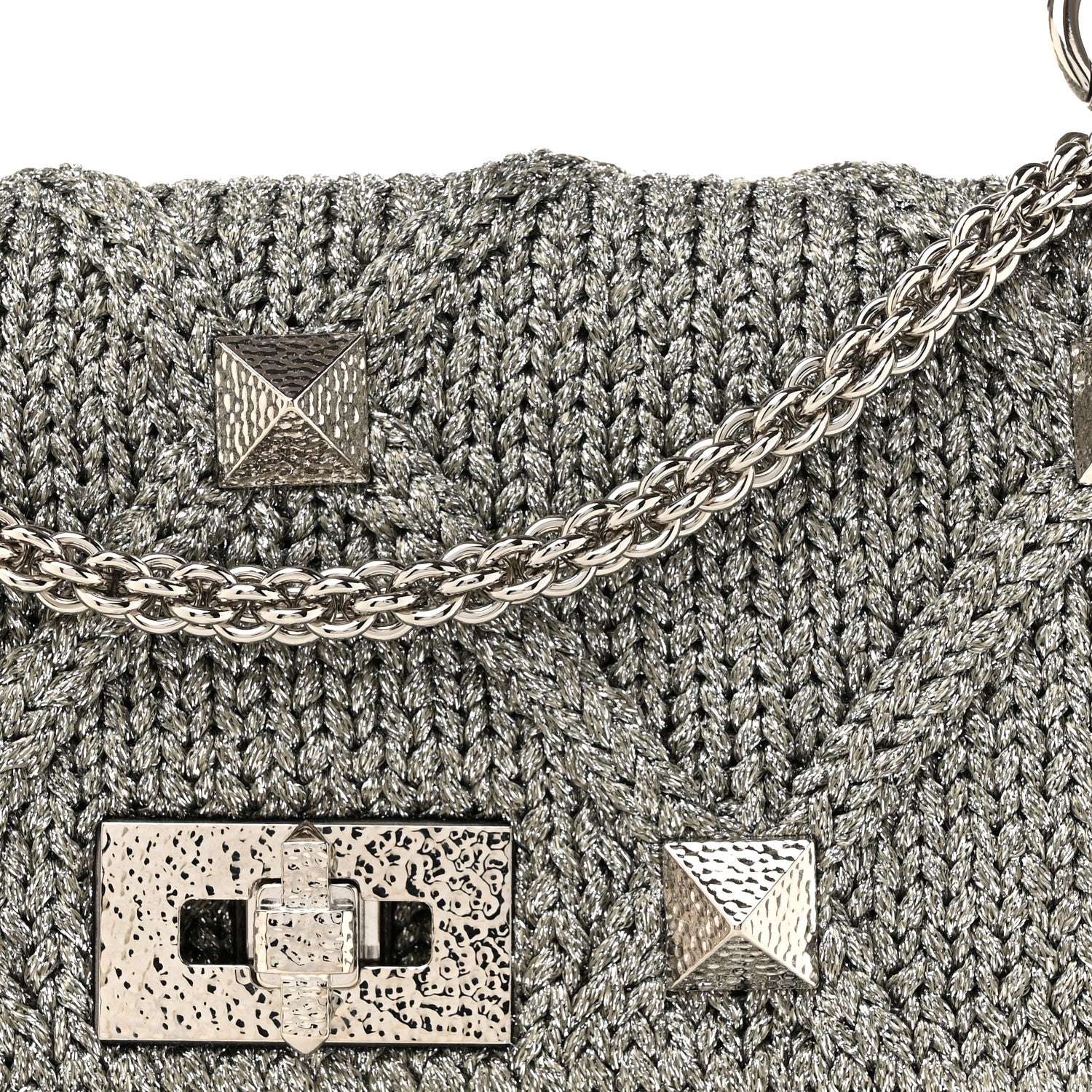 Valentino Garavani Metallic Lurex Knit Large Roman Stud Shoulder Bag Silver 7 of 9