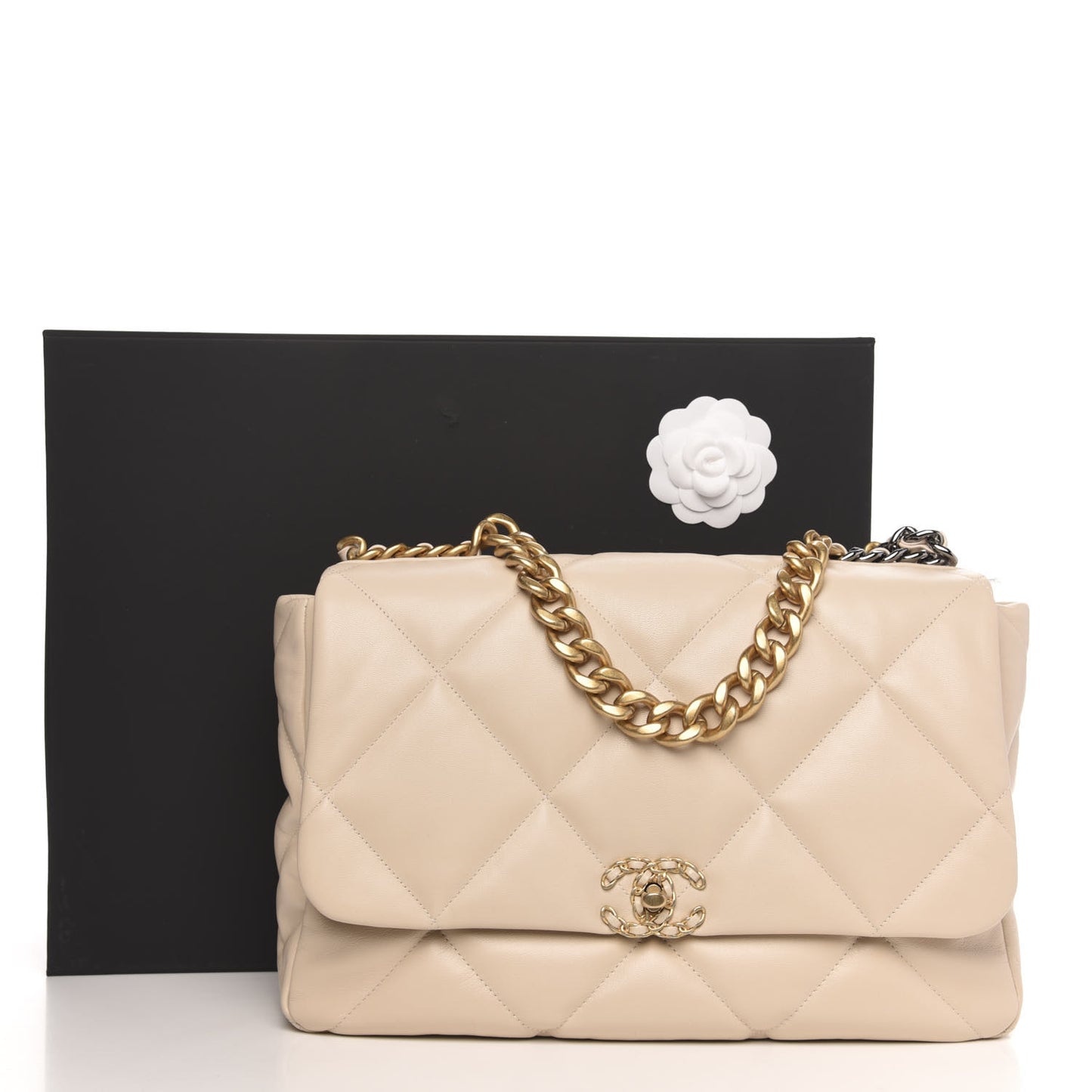 Lambskin Quilted Maxi Chanel 19 Flap Light Beige