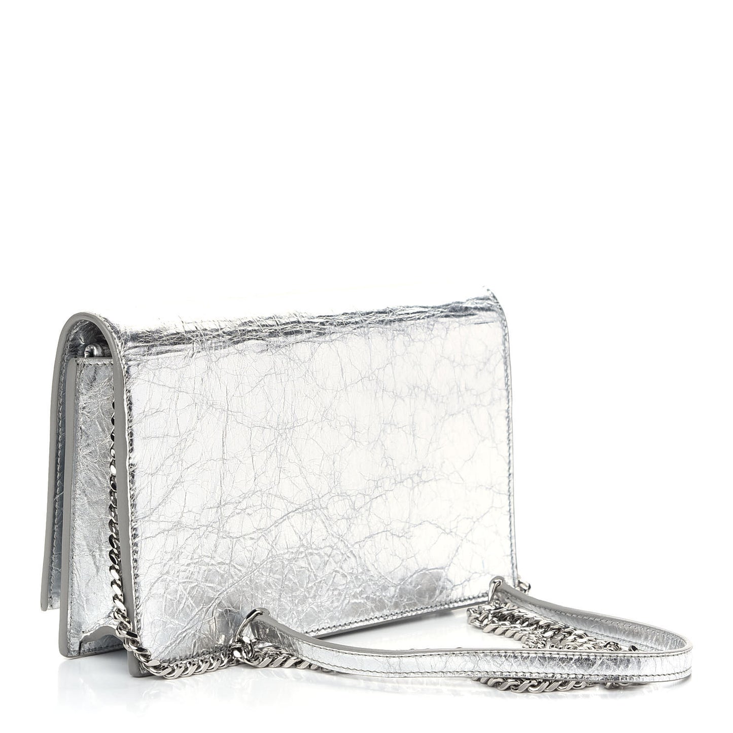 Metallic Crackled Calfskin Kate Monogram Tassel Chain Wallet Argento
