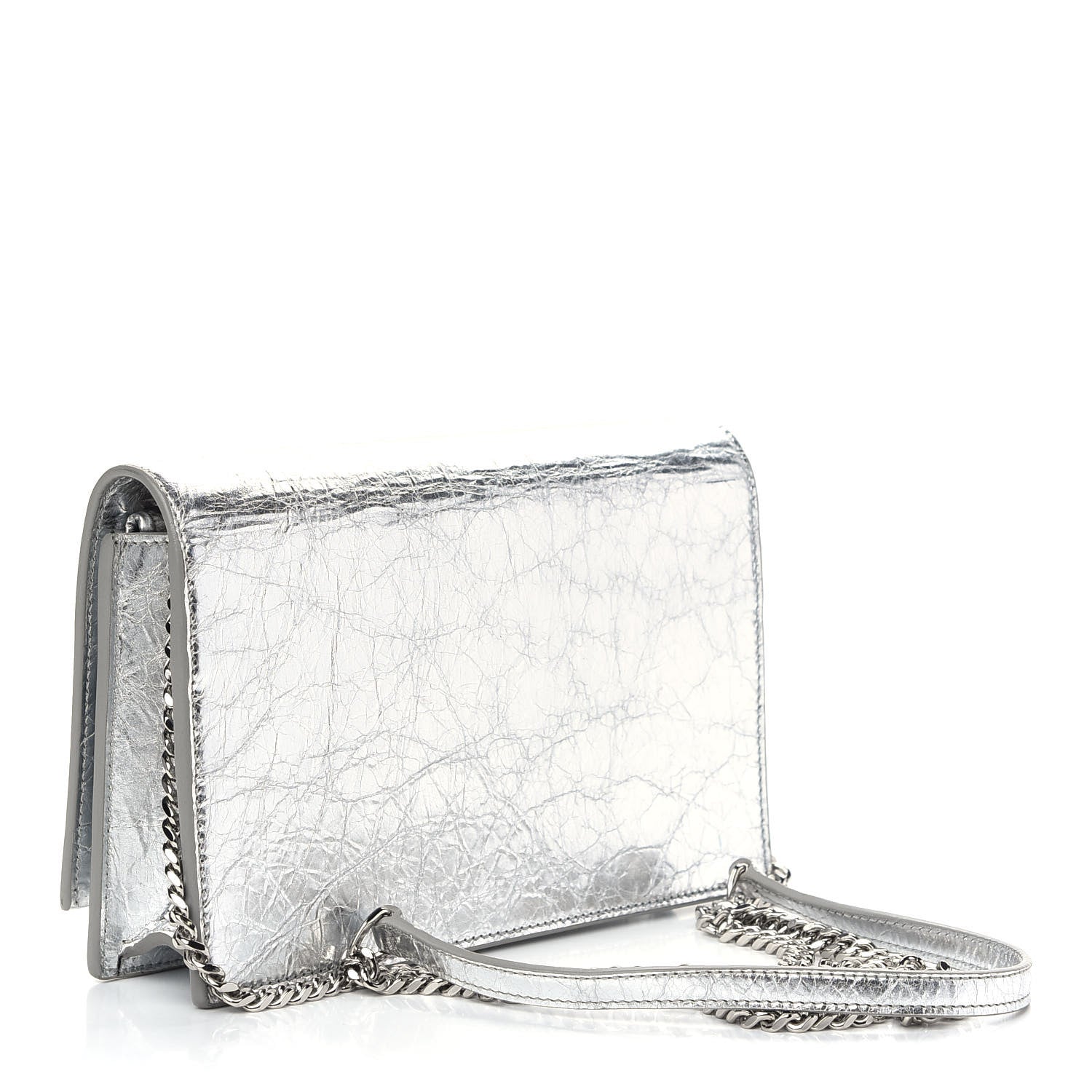 Saint Laurent Metallic Crackled Calfskin Kate Monogram Tassel Chain Wallet Argento 3 of 8