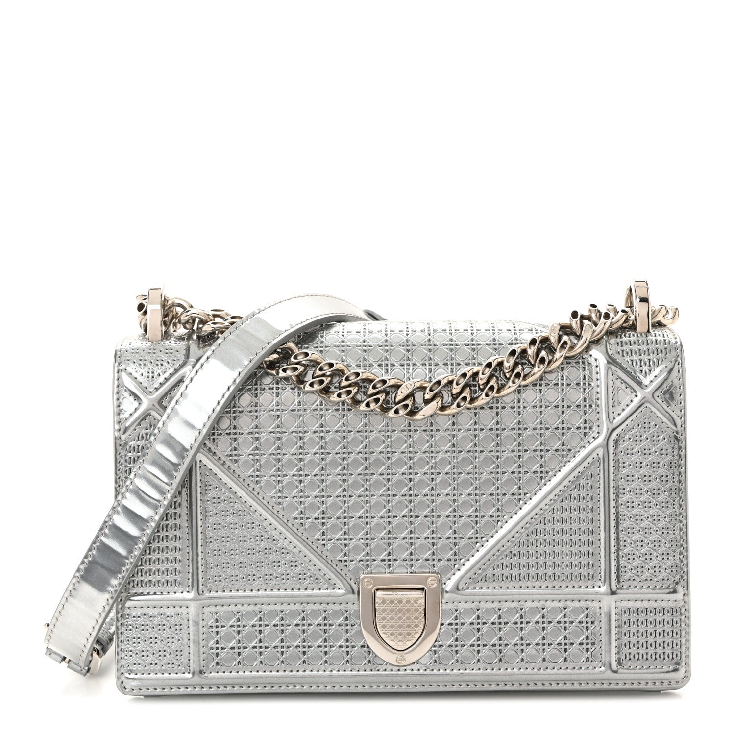Christian Dior Metallic Patent Micro-Cannage Small Diorama Flap Bag Silver 1 of 11