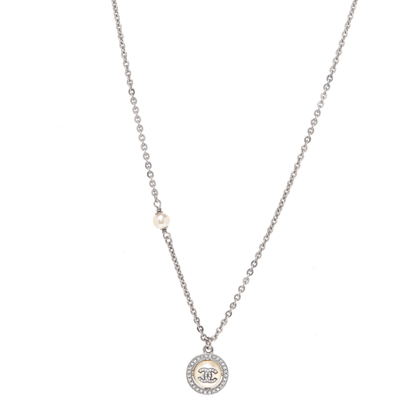 Pearl Crystal CC Necklace Silver